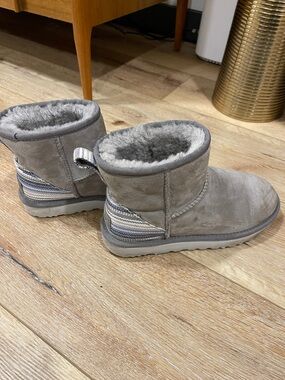 UGG Short Suede Ankle Boots in Gray with Striped Heel Detail